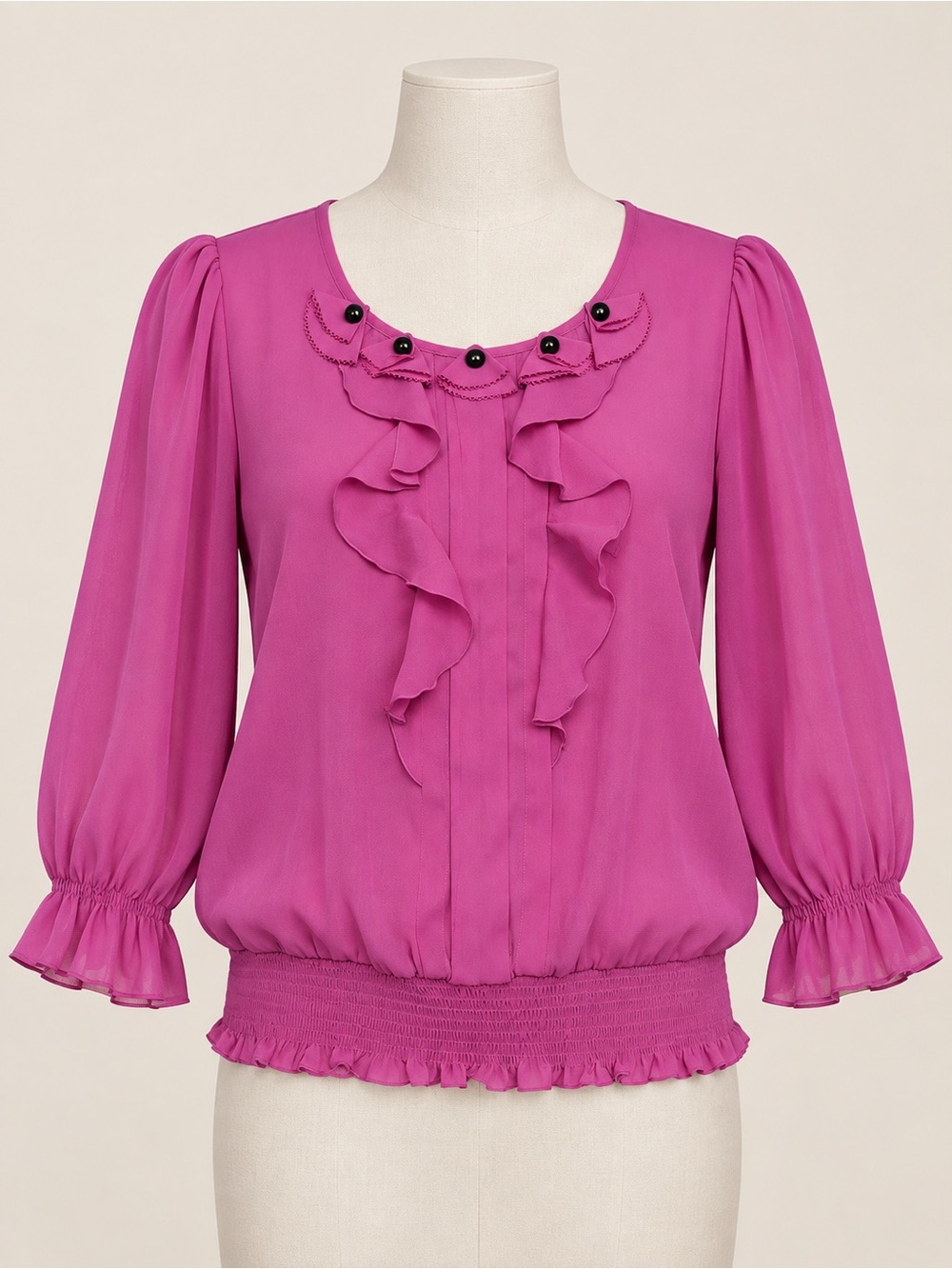 Quintessential Magenta Ruffle Blouse Smocked Hem Size M